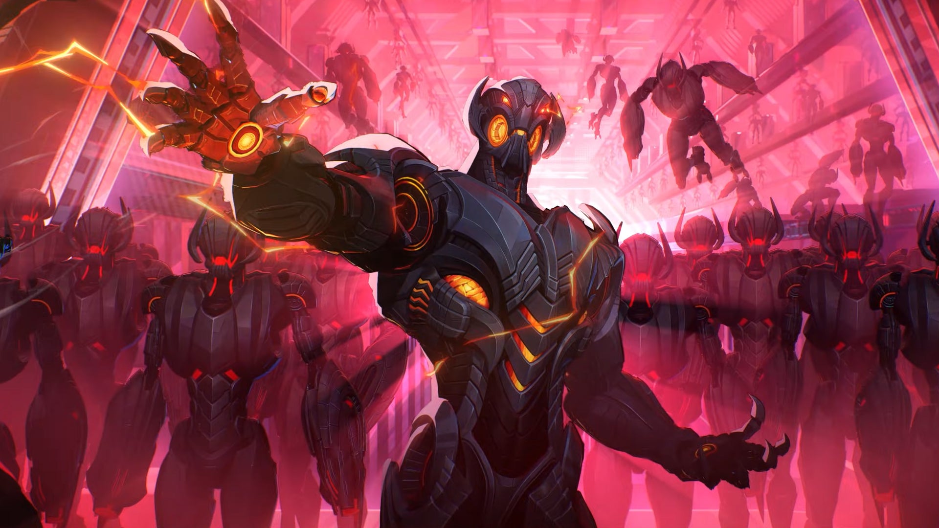 Ultron has his hand outstretched, countless other robots following behind him from a portal in Marvel Rivals. - 1