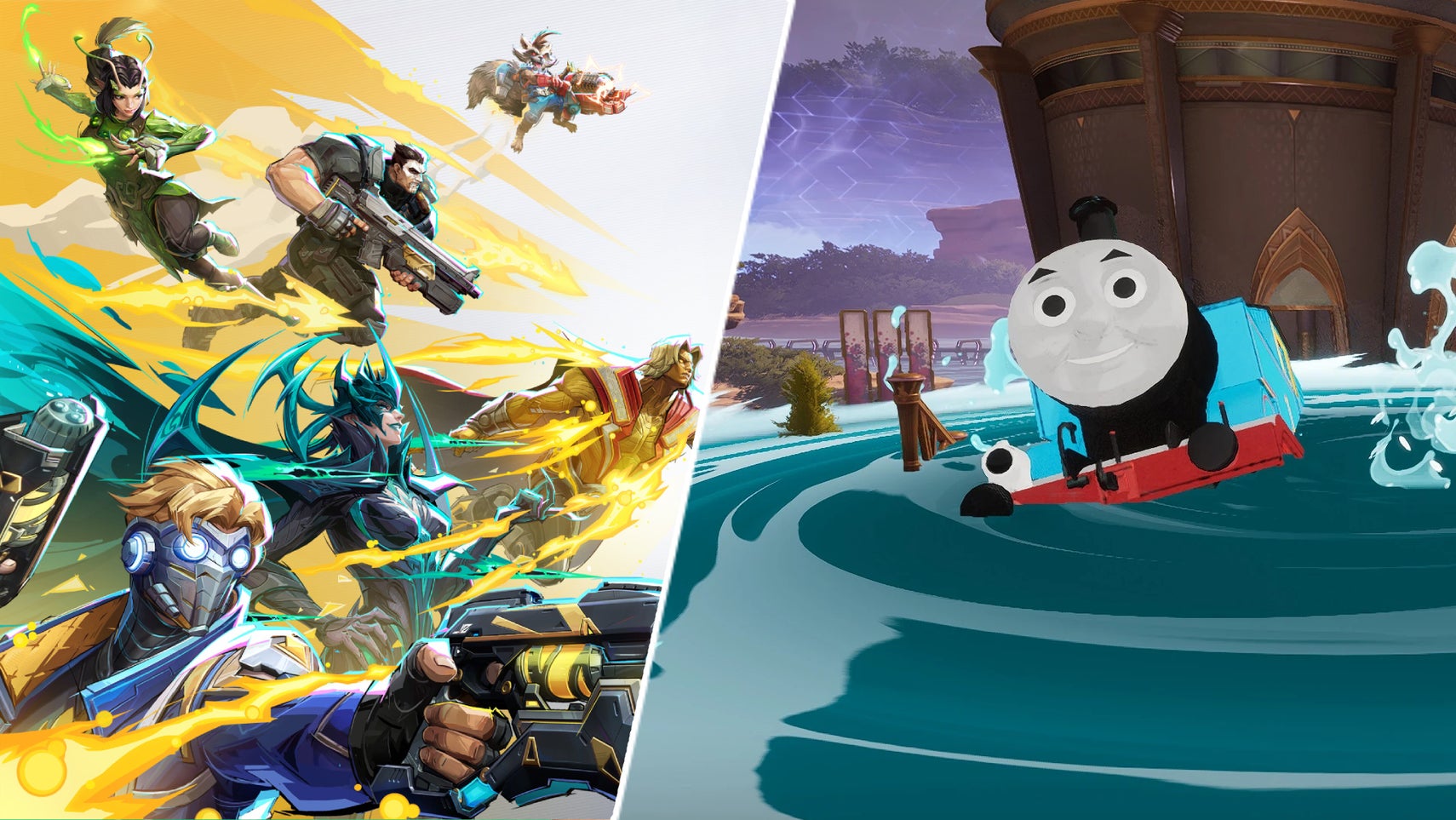 Some heroes in Marvel Rivals next to Thomas The Tank Engine modded into it. - 1