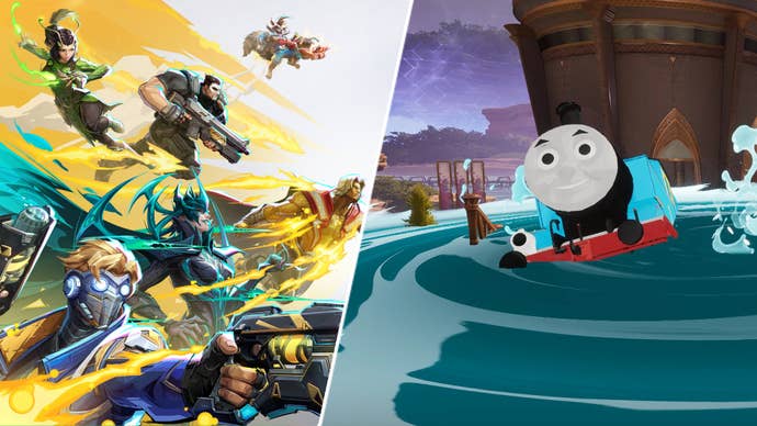 Some heroes in Marvel Rivals next to Thomas The Tank Engine modded into it.