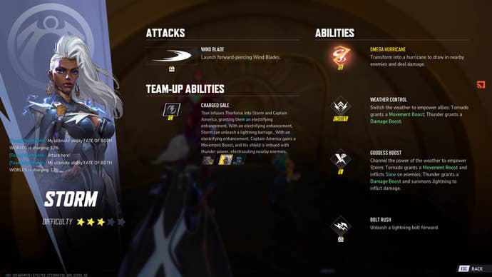 Storm’s character sheet, displaying her abilities.