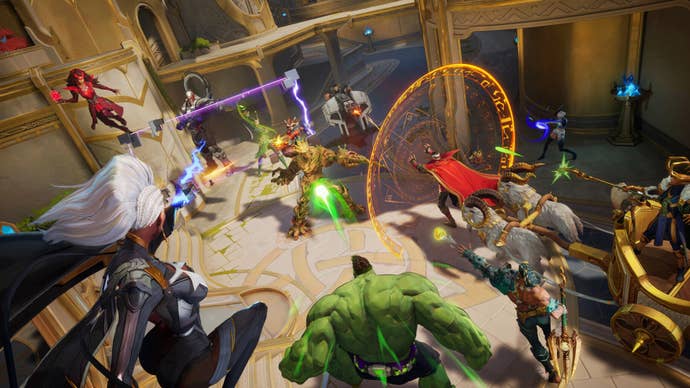 A bunch of heroes battling in Marvel Rivals.