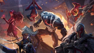 Illustrated Marvel Rivals promotional art showing Spider-Man, Venom, Scarlet Witch, and other Marvel character posing together.