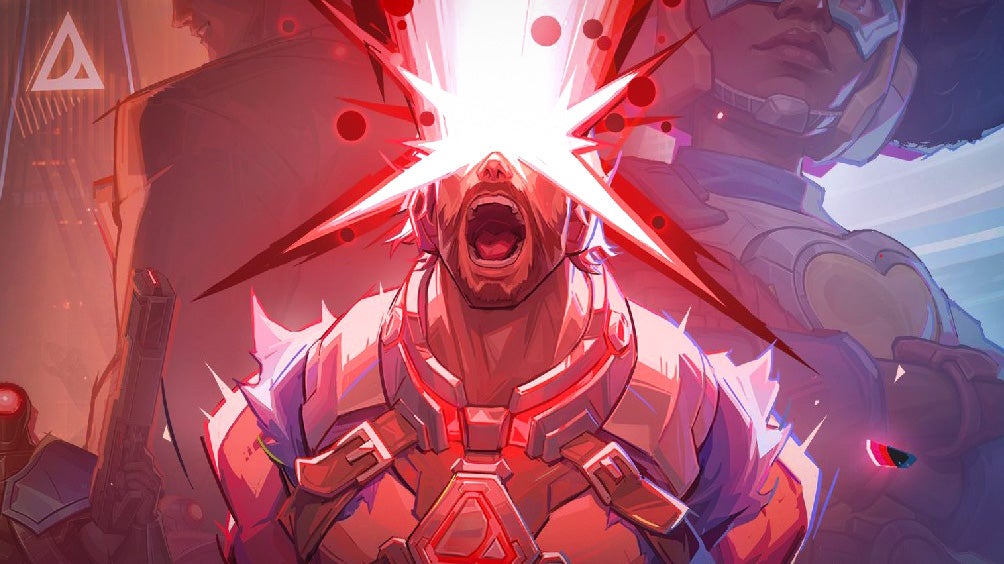 A comic-styled masculine character shoots a huge beam of red plasma light from their eyes. Their head is thrown back and their mouth is open as if screaming in anger or agony or exertion while doing this.