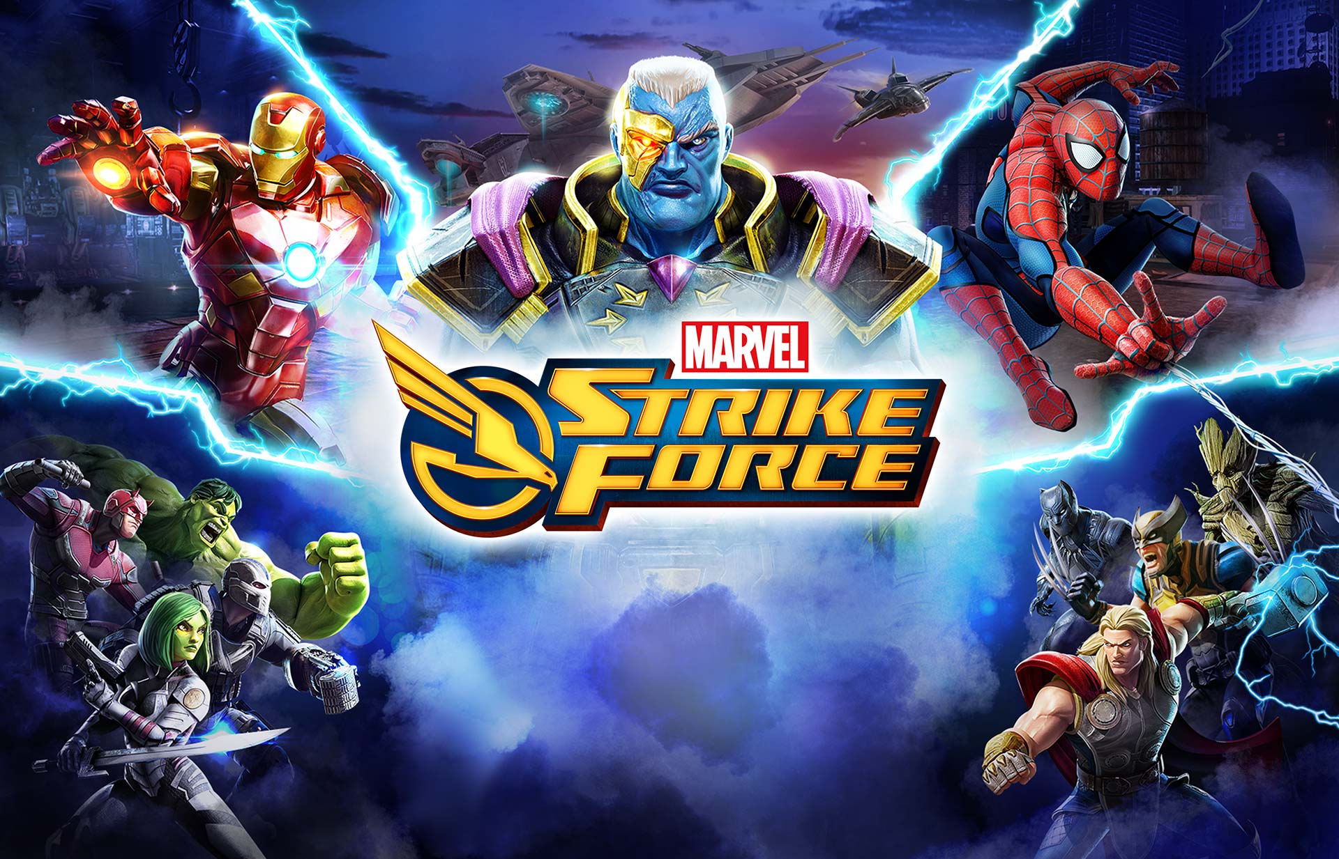 Artwork for the mobile game Marvel Strike Force showing some of the game's iconic characters including Iron Man and Spider-Man.