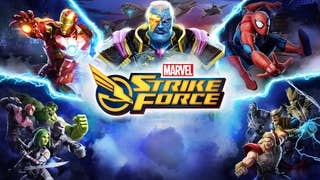 Artwork for the mobile game Marvel Strike Force showing some of the game's iconic characters including Iron Man and Spider-Man.