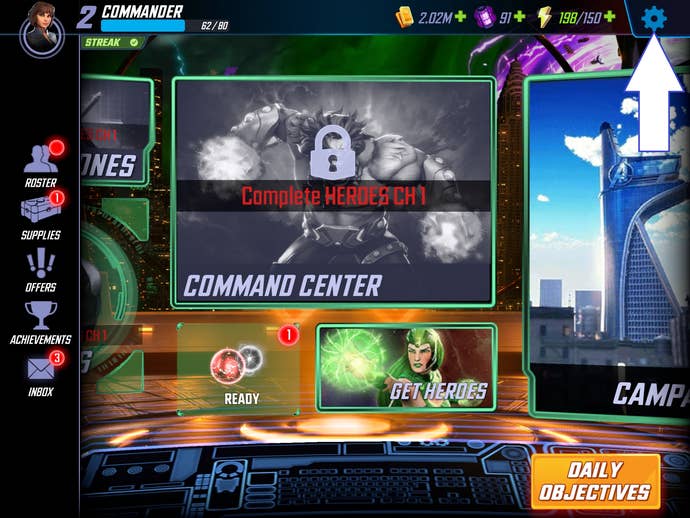 A screenshot of Marvel Strike Force showing the game's settings button.