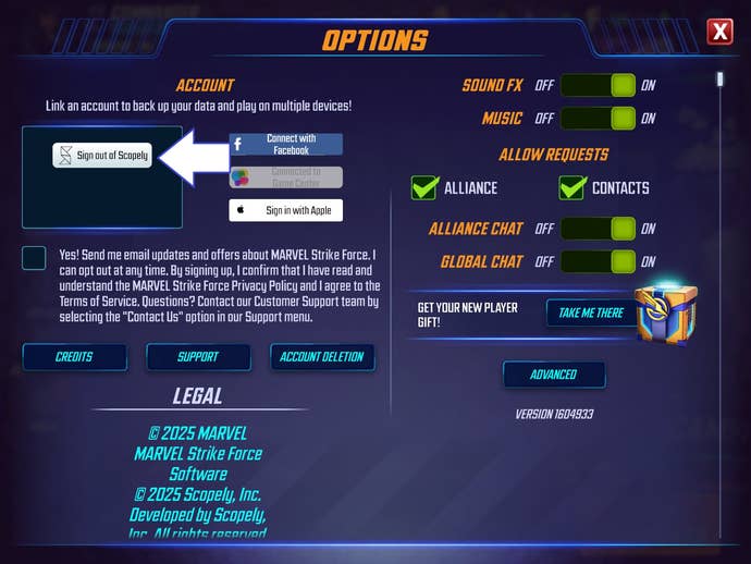 A screenshot of Marvel Strike Force showing the game's Scopely account button.