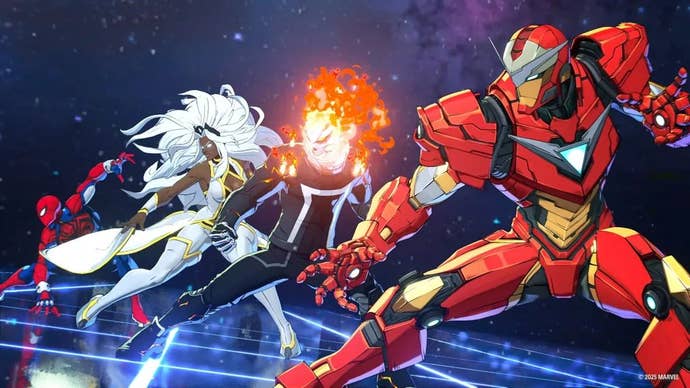 Iron Man, Ghost Rider, Storm, and Spider-Man enactment up, acceptable to fight.