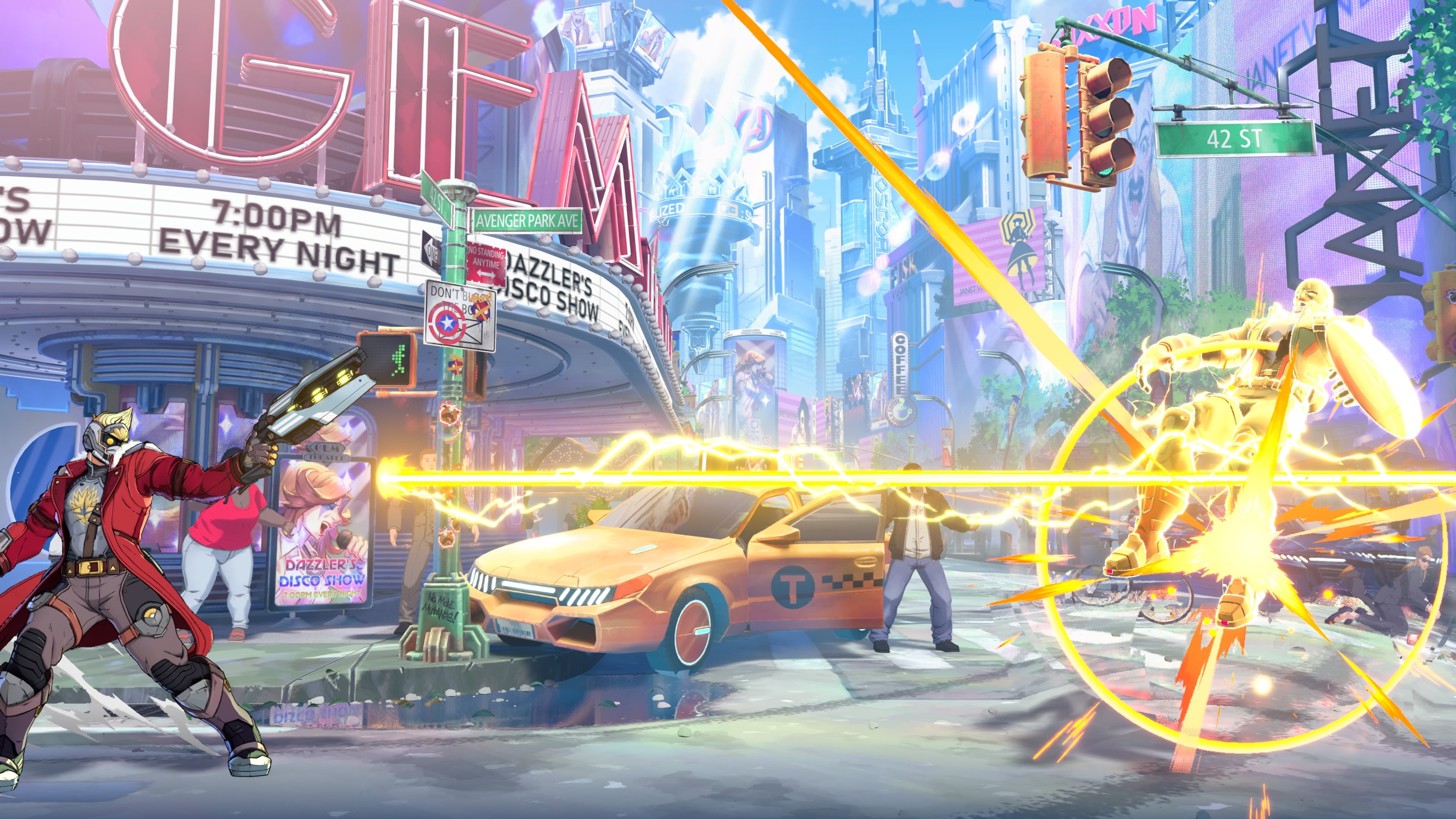Star Lord shooting his electric elemental projectile in Marvel Tokon