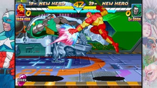 Iron Man sends Doctor Doom flying in the Marvel vs Capcom Fighting Collection's PC port of Marvel vs Capcom 2