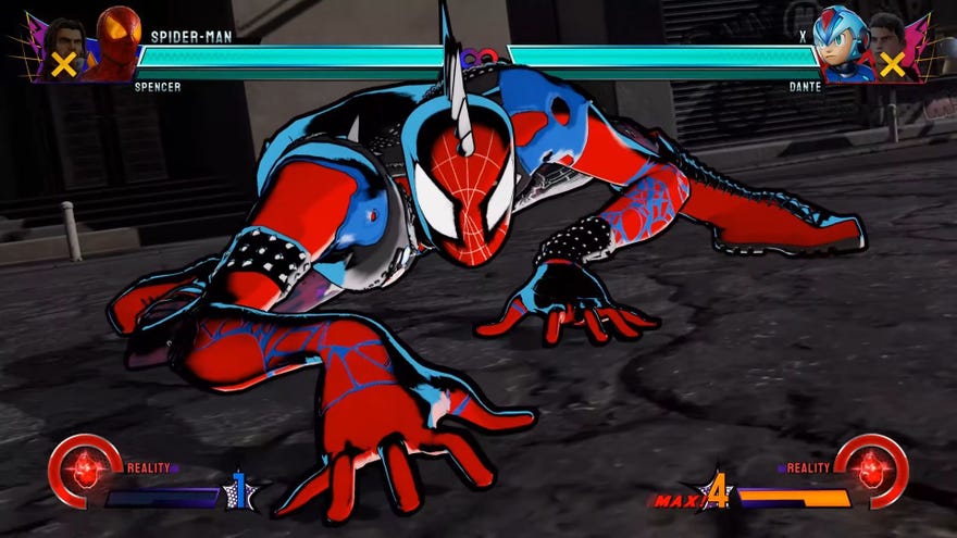 Spiderpunk crawls along the ground in the fighting game Marvel Vs Capcom Infinite