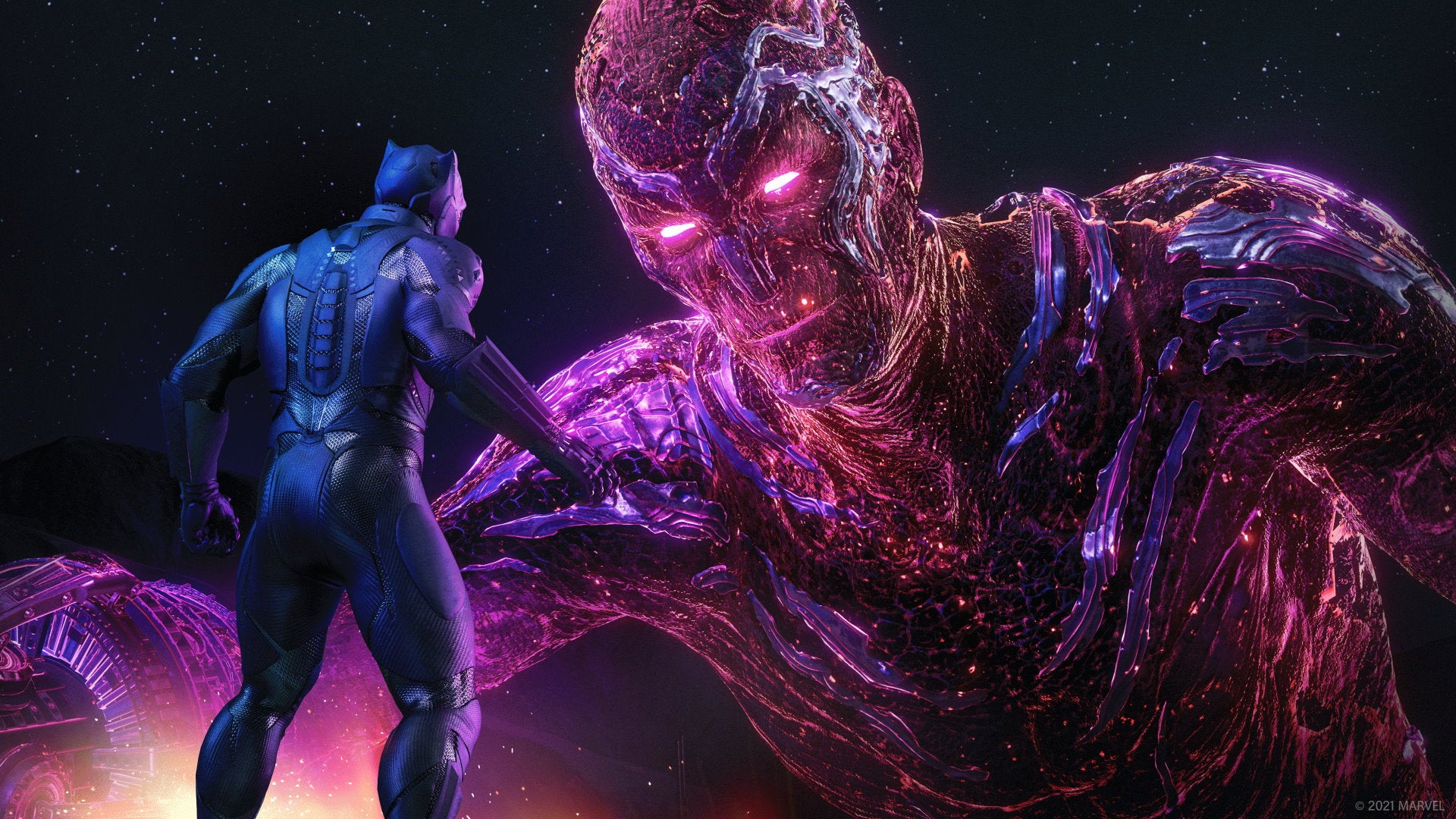 A screenshot of Black Panther gazing up at a big purple giant dude in the Wakanda expansion for Marvel&rsquo;s Avengers