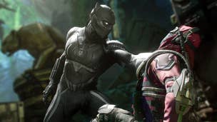 Black Panther is holding an enemy NPC in his hand in some kind of temple-like area in Marvel's Avengers.