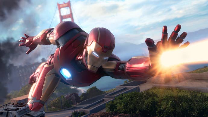 Iron Man zooming about in Marvel’s Avengers.