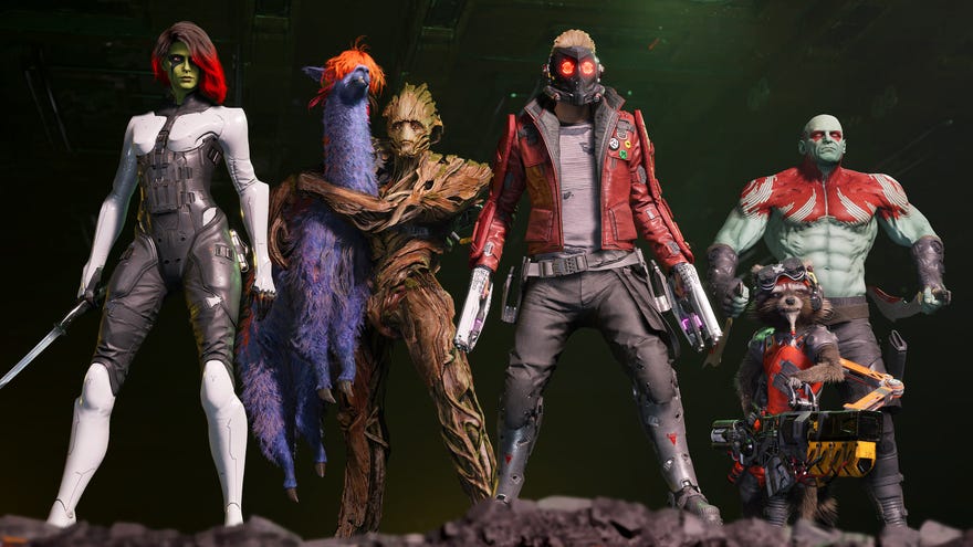 The team pose in a screenshot from Marvel’s Guardians of the Galaxy.