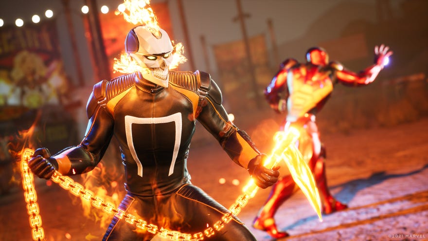 Ghost Rider and Iron Man in a Marvel’s Midnight Suns screenshot.