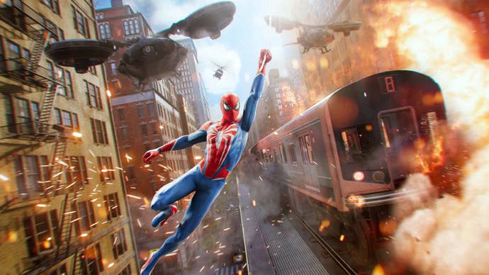 Marvel’s Spider-Man 2 screenshot showing Spidey swinging through the streets of Manhattan alongside an exploding elevated subway train while drones swarm overhead.