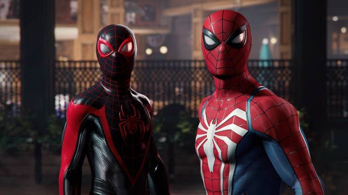 Miles Morales and Peter Parker in their Spider-Suits looking at the camera.