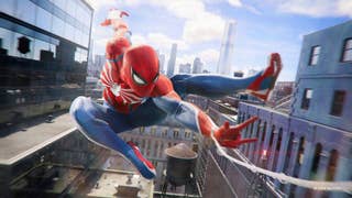 A screenshot showing Spider-Man swinging through the city streets beneath a bright blue sky in Marvel's Spider-Man 2.