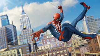 Spider-Man swinging around New York City in a screenshot from Marvel's Spider-Man on PlayStation 4 Pro.