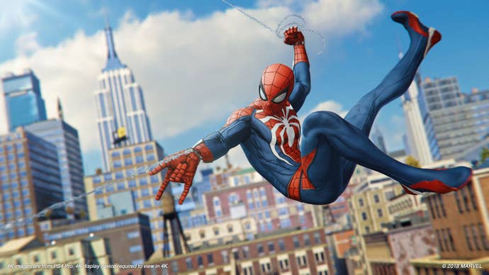Spider-Man swinging around New York City in a screenshot from Marvel’s Spider-Man on PlayStation 4 Pro.