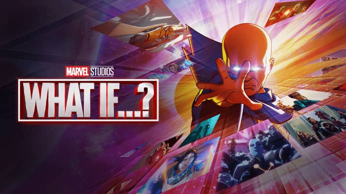 A promotional image for Marvel’s What If…? showing the Watcher, a bald humanoid reaching his hand towards the camera, images of looks at other Marvel universes surrounding him.