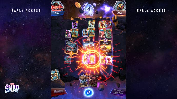 The digital card game Marvel Snap. A special power damages the playing surface, where the cards lie.