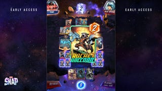 The digital card game Marvel Snap. A Rocket Raccoon card dominates the screen here. It's bright and colourful.