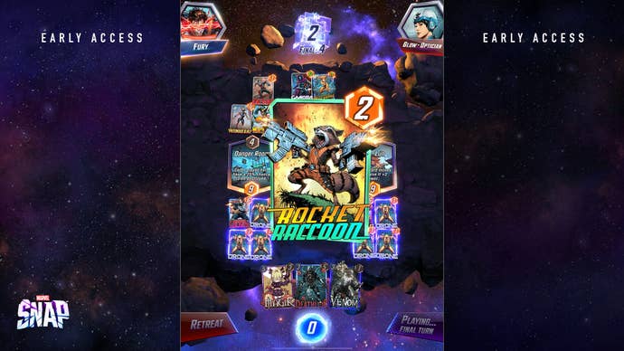 The digital card game Marvel Snap. A Rocket Raccoon card dominates the screen here. It’s bright and colourful.