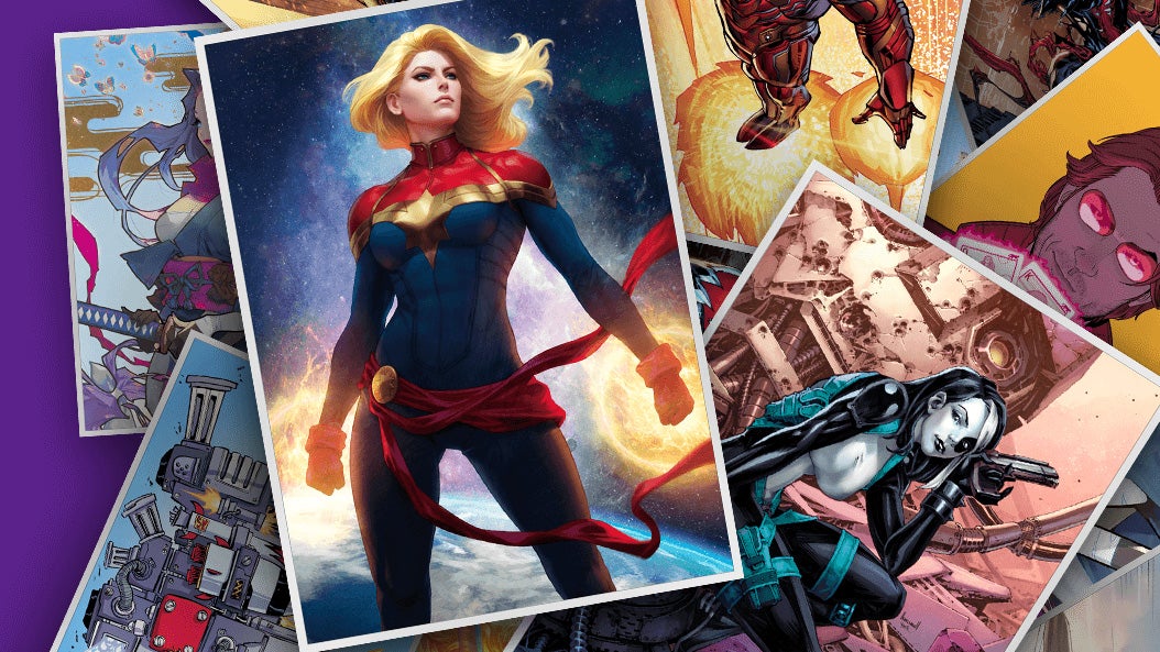 Cards with Marvel superheroes on, the most prominent of which is Captain Marvel, stood with glowing fists, hair flowing, red and blue suit. It&rsquo;s quintessentially them.