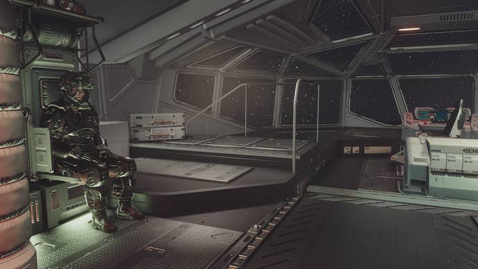 The player’s character sitting by herself all alone on a starship in Starfield.