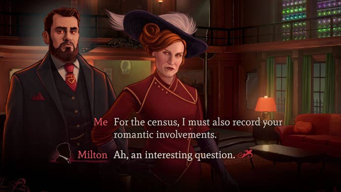 The player character in dating sim Mask Of The Rose askes a well-dressed man and woman if they can record their romantic involvements