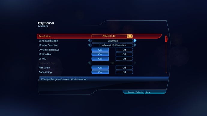 The PC settings menu for Mass Effect 3 in Mass Effect Legendary Edition