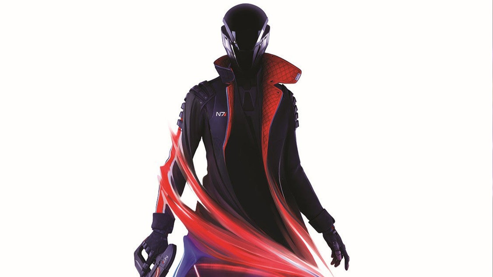 A person wearing a black helment and black and red trench coat that says N7 on it in teaser art for Mass Effect 5. - 1