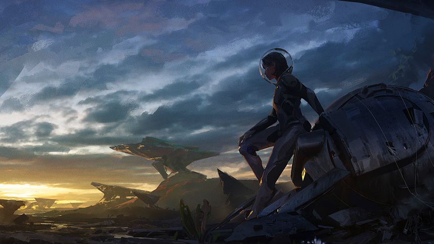 A space explorer leans against an orb while looking at an alien sky. - 1