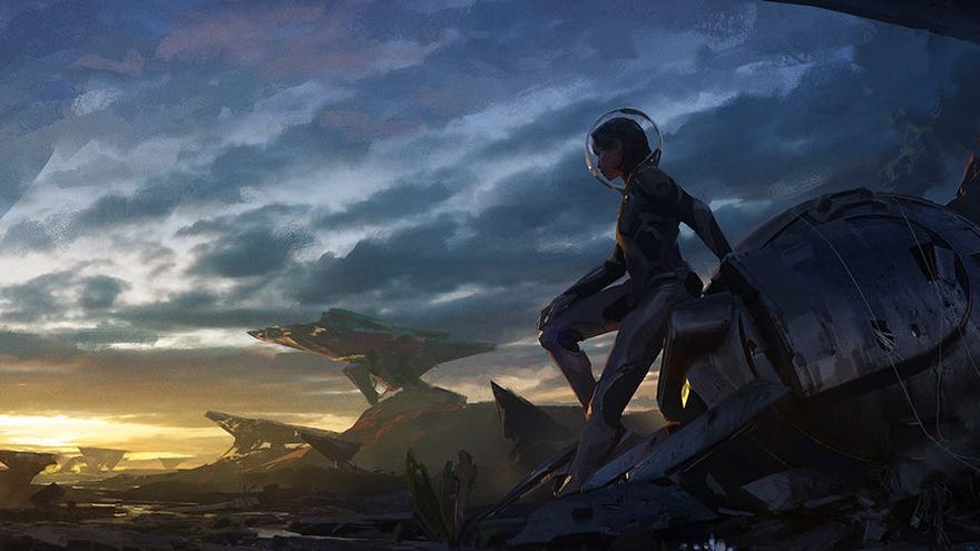 A space explorer leans against an orb while looking at an alien sky.