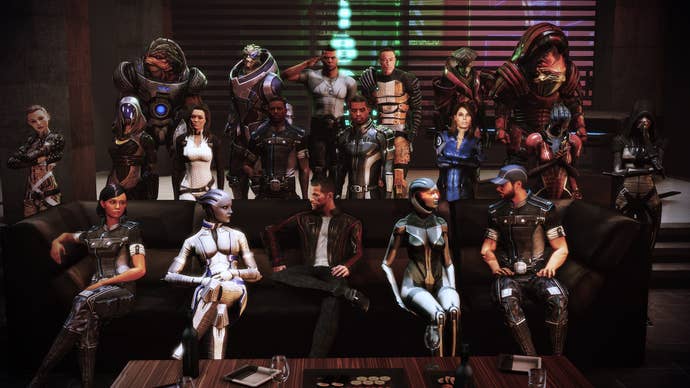 The entirety of Shepard’s crew across the Mass Effect trilogy all sit around a couch together.
