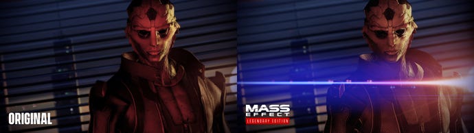 Mass Effect: Legendary Edition screenshots comparing Thane in an original then revamped scene.