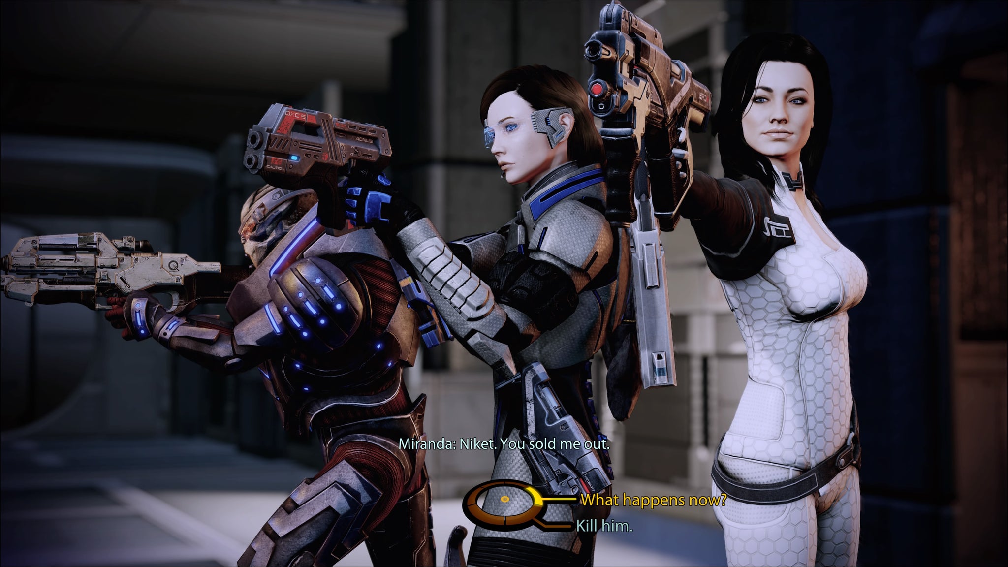 Miranda's loyalty mission in Mass Effect 2, the squad are aiming their guns at a trecherous dude. - 4