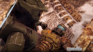 Master Chief fights Doomguy in God of War.