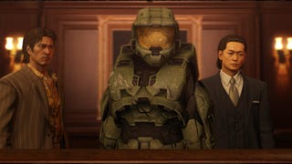 Master Chief standing between Oda and Tachibana from Yakuza 0.