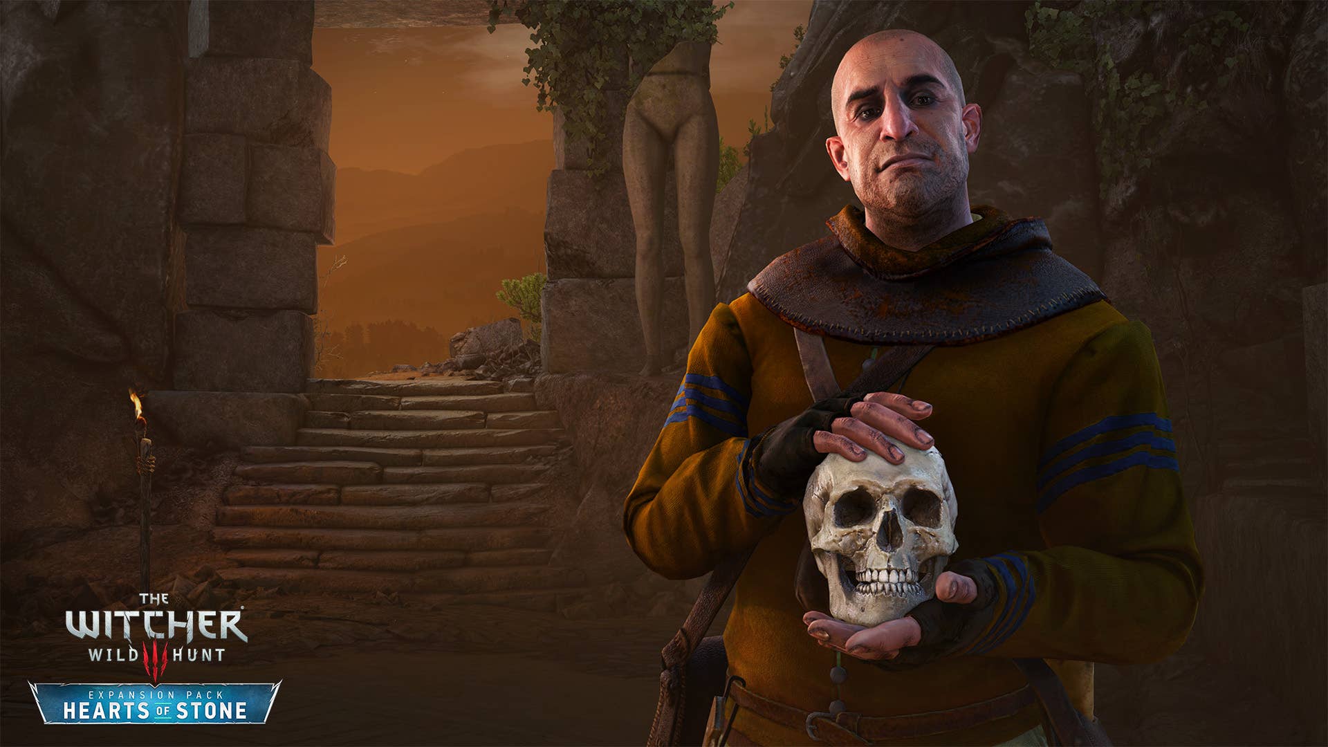 The shaven-headed and rather plain-faced character Gaunter O'Dimm - AKA Master Mirror - from Witcher 3 expansion Hearts of Stone. He holds a skeleton's head in his hands. He's much more than he appears to be.