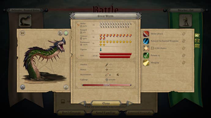 A unit info screen for a Great Wyrm in Master Of Magic. It’s like a cross between a centipede and a dragon