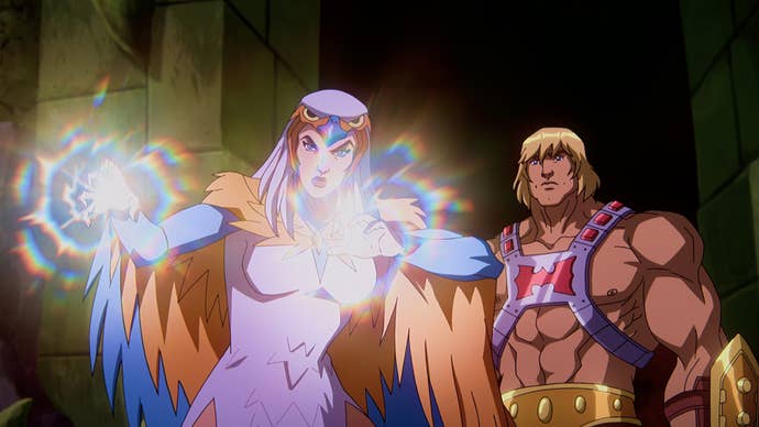 The Sorceress is using her powers, He-Man stood behind her, in Masters of the Universe: Revelation.