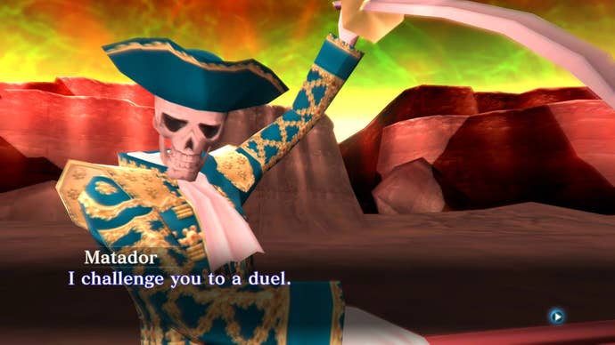 The Matador, an infamous boss in Shin Megami Tensei 3, challenges the player to a duel – his sword and rep capote held high.