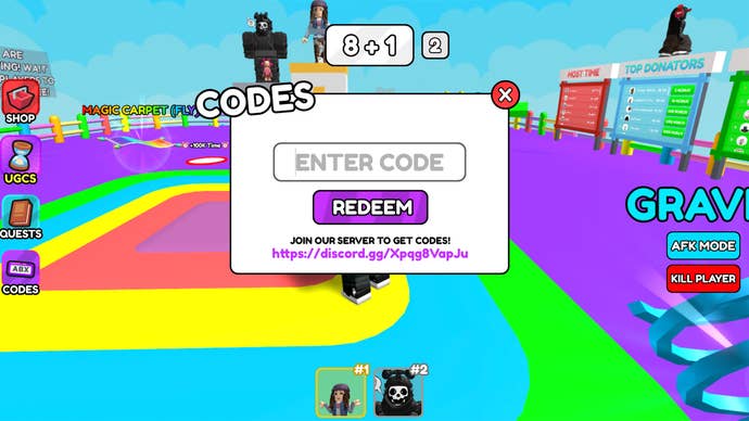 The menu used to redeem codes in the Roblox game Math Block Race.
