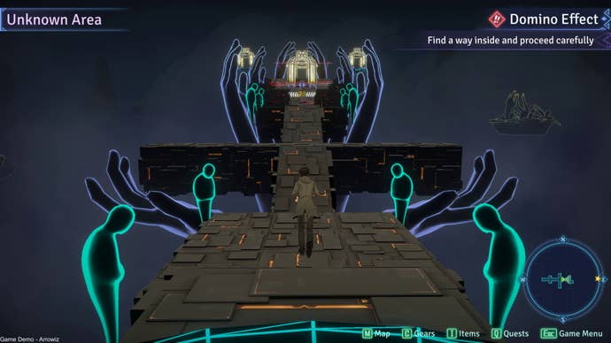 A man in a trenchcoat walks through an abstract dimension with glowing humanoid figures and hands holding up floating platforms in Mato Anomalies