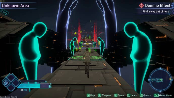 A man in a trenchcoat approaches a healing point in an abstract dimension in Mato Anomalies