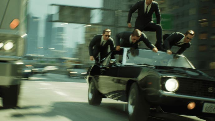 The Matrix Awakens demo for Unreal Engine 5, showing a bunch of Agents on top of a moving car that's enhanced by ray tracing reflections.