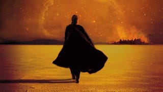 A figure in a cloak walks across an alien world in this image from the cover of Matter, by Iain M Banks.